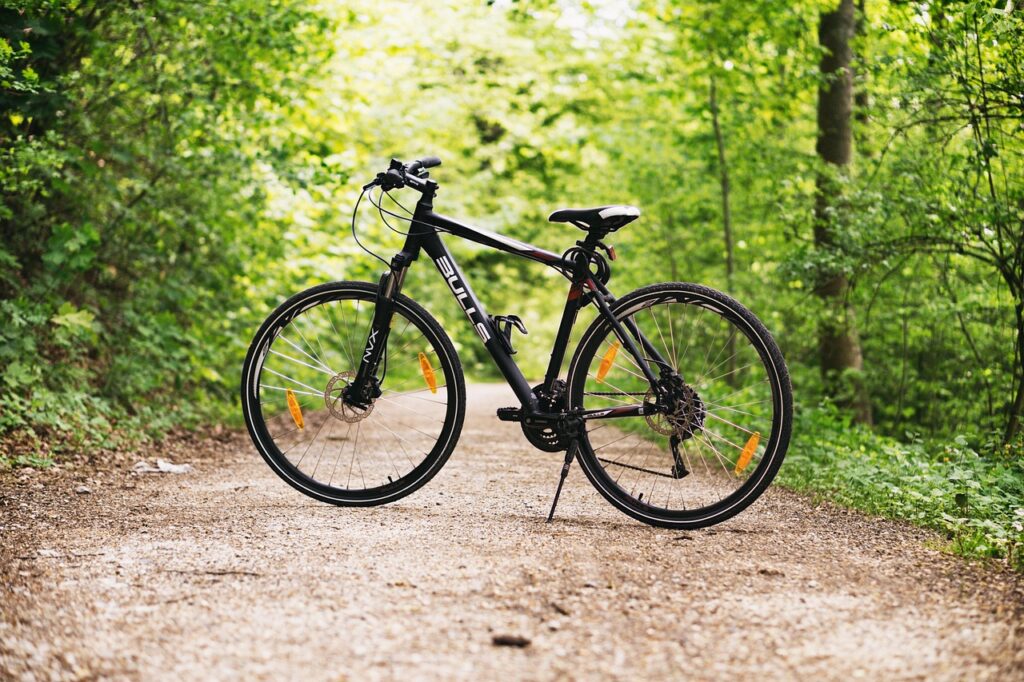 bicycle, bike, forest, path, sports, outdoors, dirt road, mountain bike, wheels, bicycle wheels, parked, nature, park, woods